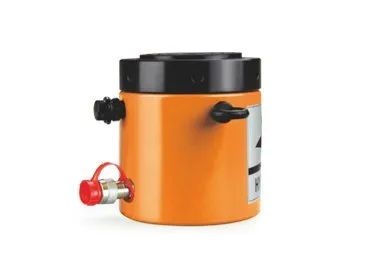 Vérin hydraulique orange avec capuchon noir et connecteur rouge.