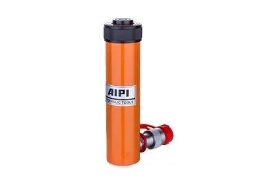 Cylindre hydraulique orange avec dessus noir et raccords rouges, portant l'inscription « AIPI Hydraulic Tools ».