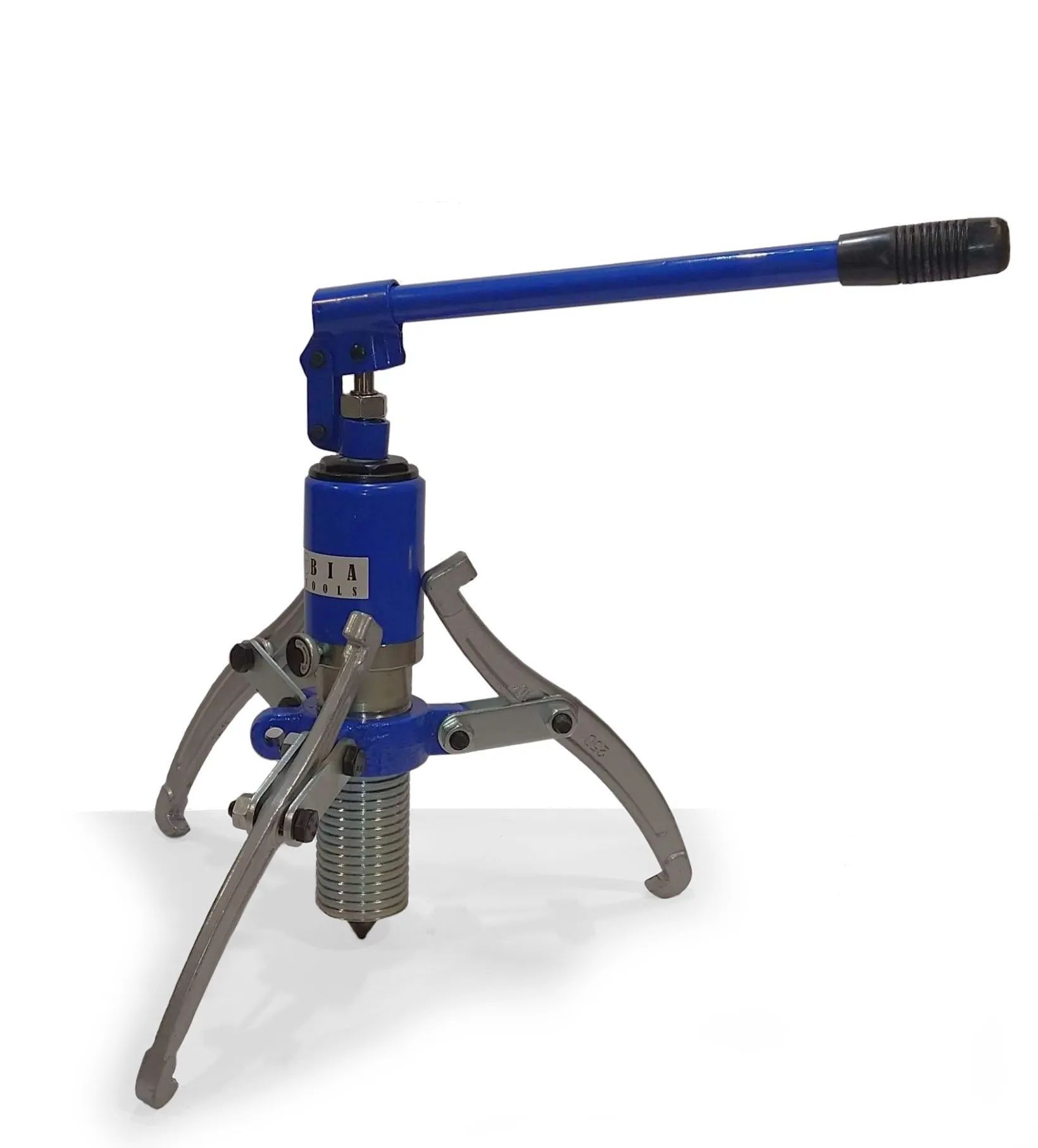 Extracteur de pignons hydraulique bleu et argent, à trois pieds et poignée à levier.