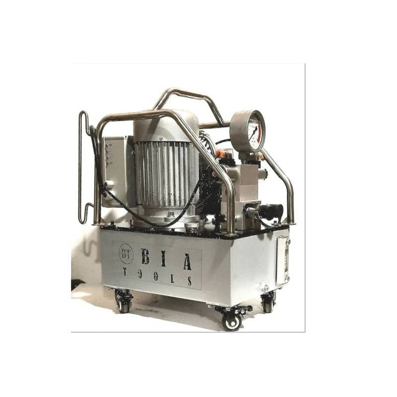 A silver industrial hydraulic power unit with a motor, pressure gauge, and roll cage on wheels, labeled 