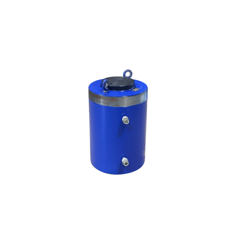 Blue hydraulic cylinder with a handle, two ports, and a black cap.