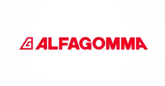 Texte rouge « ALFAGOMMA » avec un logo « A » stylisé rouge sur fond blanc.