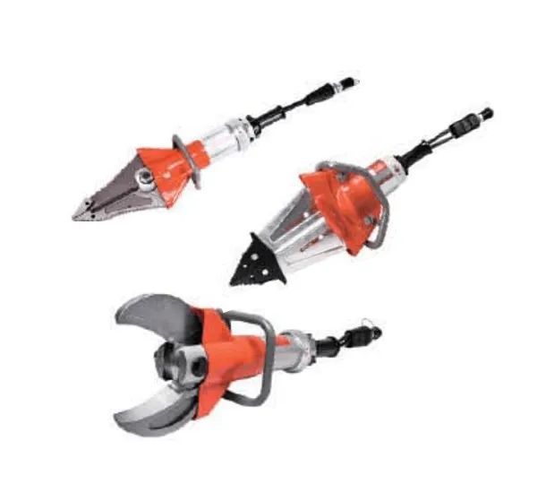 Trois outils de sauvetage hydrauliques : écarteur, coupe-fil et vérin, tous orange et argent.