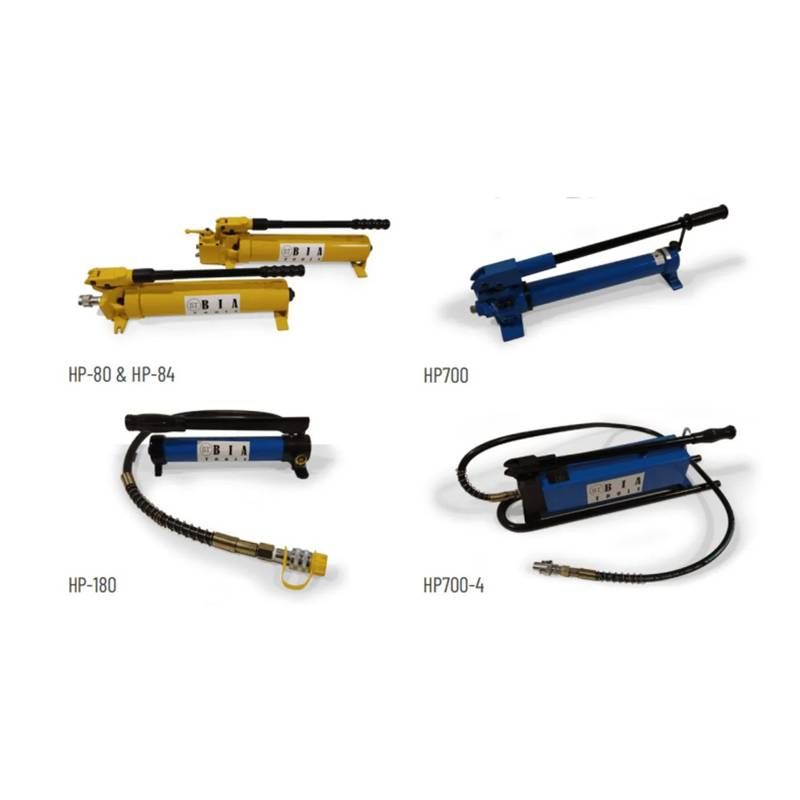 Présentation de quatre pompes hydrauliques manuelles différentes, de couleur jaune et bleue, étiquetées HP-80, HP-84, HP-700, HP-180, HP-700-4.