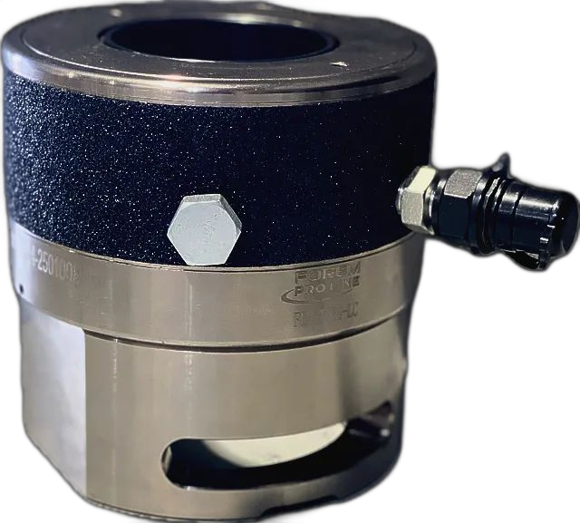Vérin hydraulique industriel avec extérieur noir et argent, boulon hexagonal et connecteur.