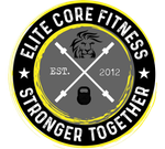 Elite Core Fitness logo with lion, crossed barbells, kettlebell, and &ldquo;Stronger Together&rdquo; text on black and gray.