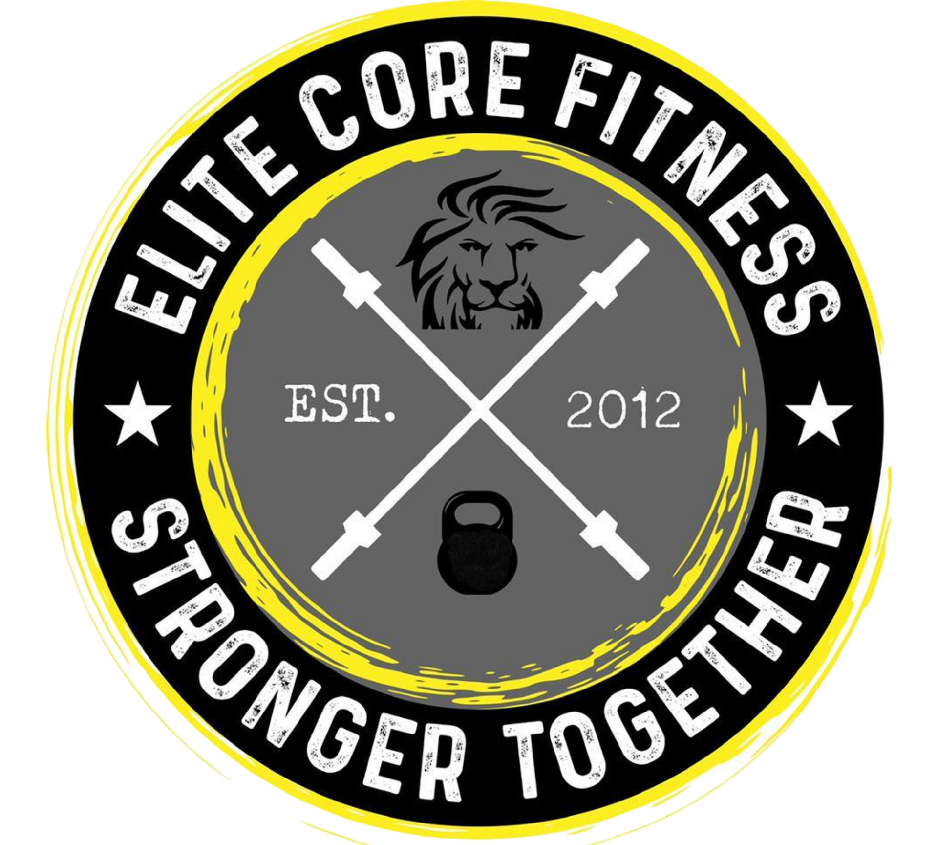 Elite Core Fitness logo with lion, crossed barbells, kettlebell, and &ldquo;Stronger Together&rdquo; text on black and gray.