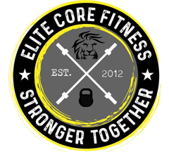 Elite Core Fitness logo with lion, crossed barbells, kettlebell, and &ldquo;Stronger Together&rdquo; text on black and gray.