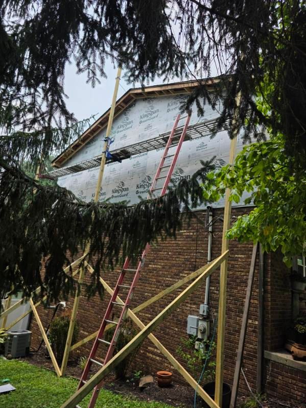 House under construction with scaffolding and support beams, seen through tree branches.