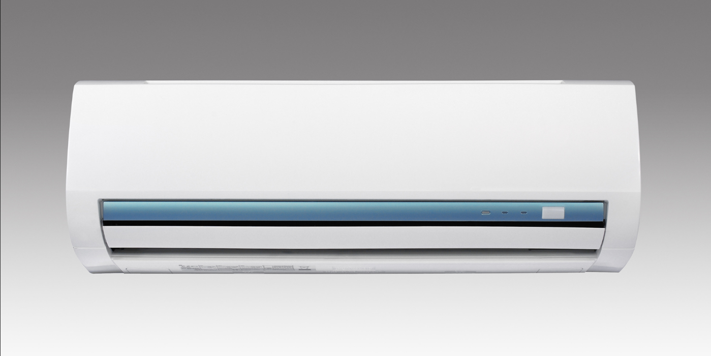 A white air conditioner with a blue stripe on the side