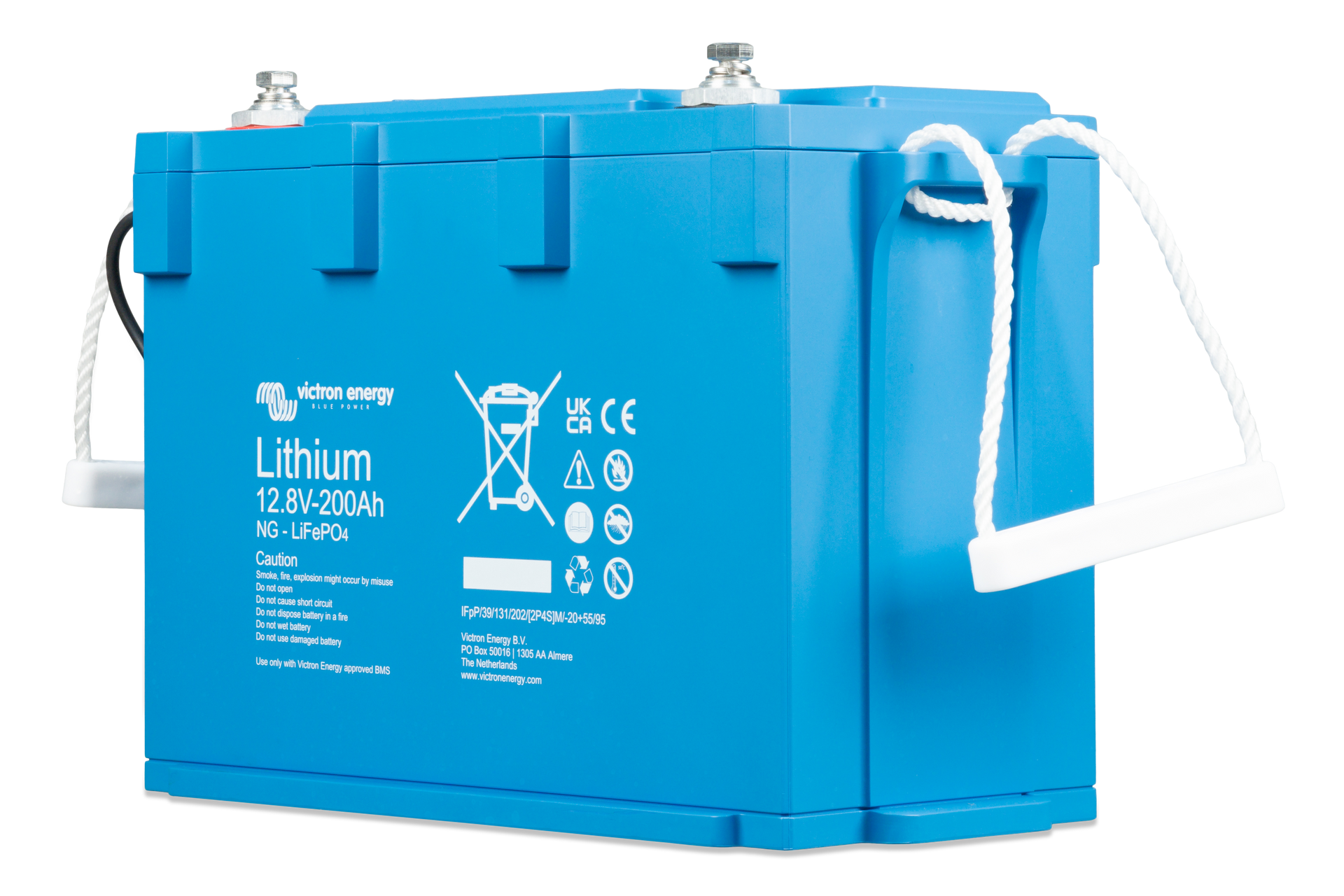 A blue Victron Energy 12V 200Ah lithium iron phosphate battery with white carrying straps on a white background.