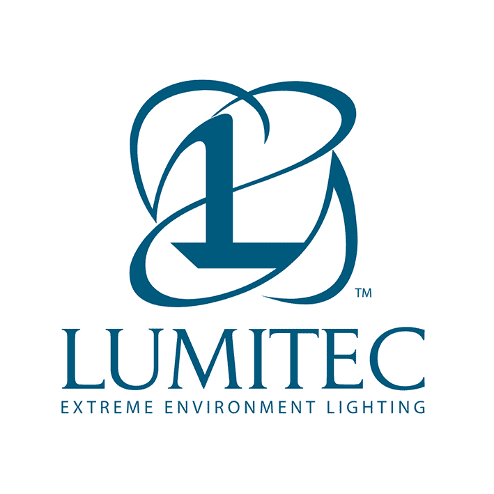 Logo for Lumitec featuring a stylized teal "L" encased in an abstract infinity-like loop, with text below in teal.