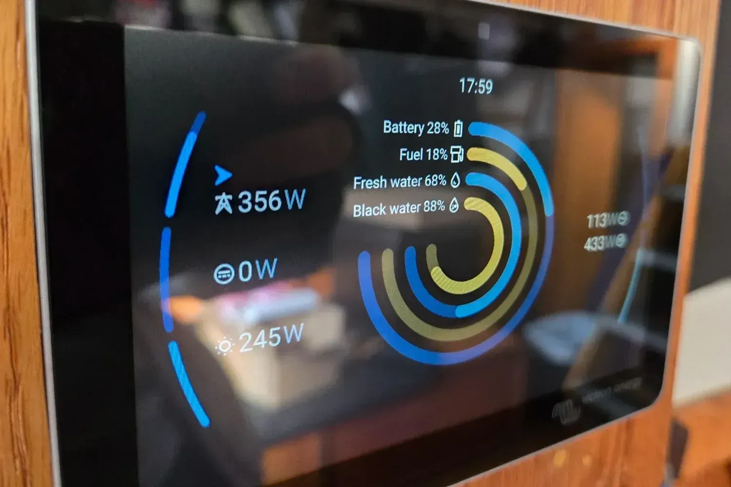 A digital monitoring screen displays battery, fuel, and water levels, along with real-time solar and electrical power usage.