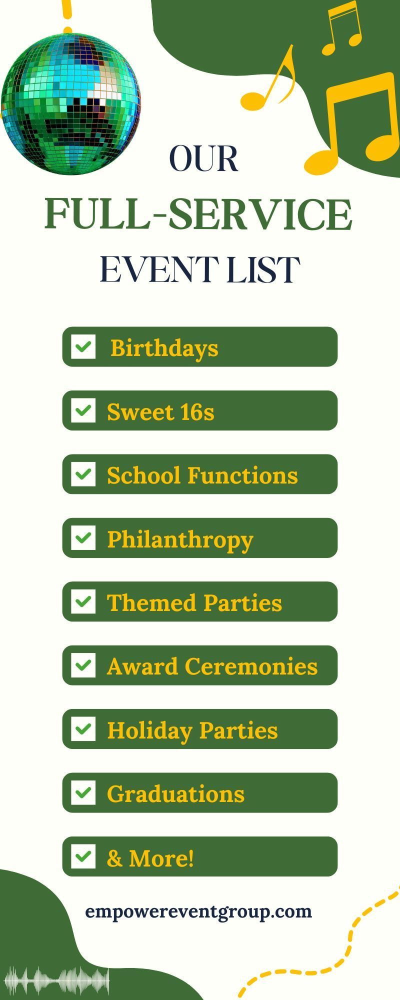 Infographic of Empower Event Group's additional event types they DJ.