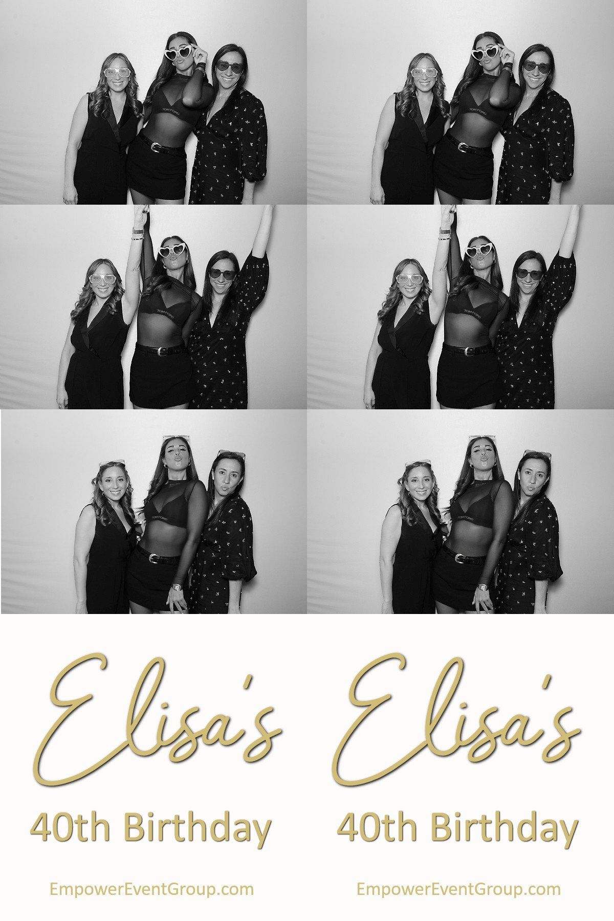 Black and white glam booth print featuring multiple guest posing arranged in a custom photo strip.