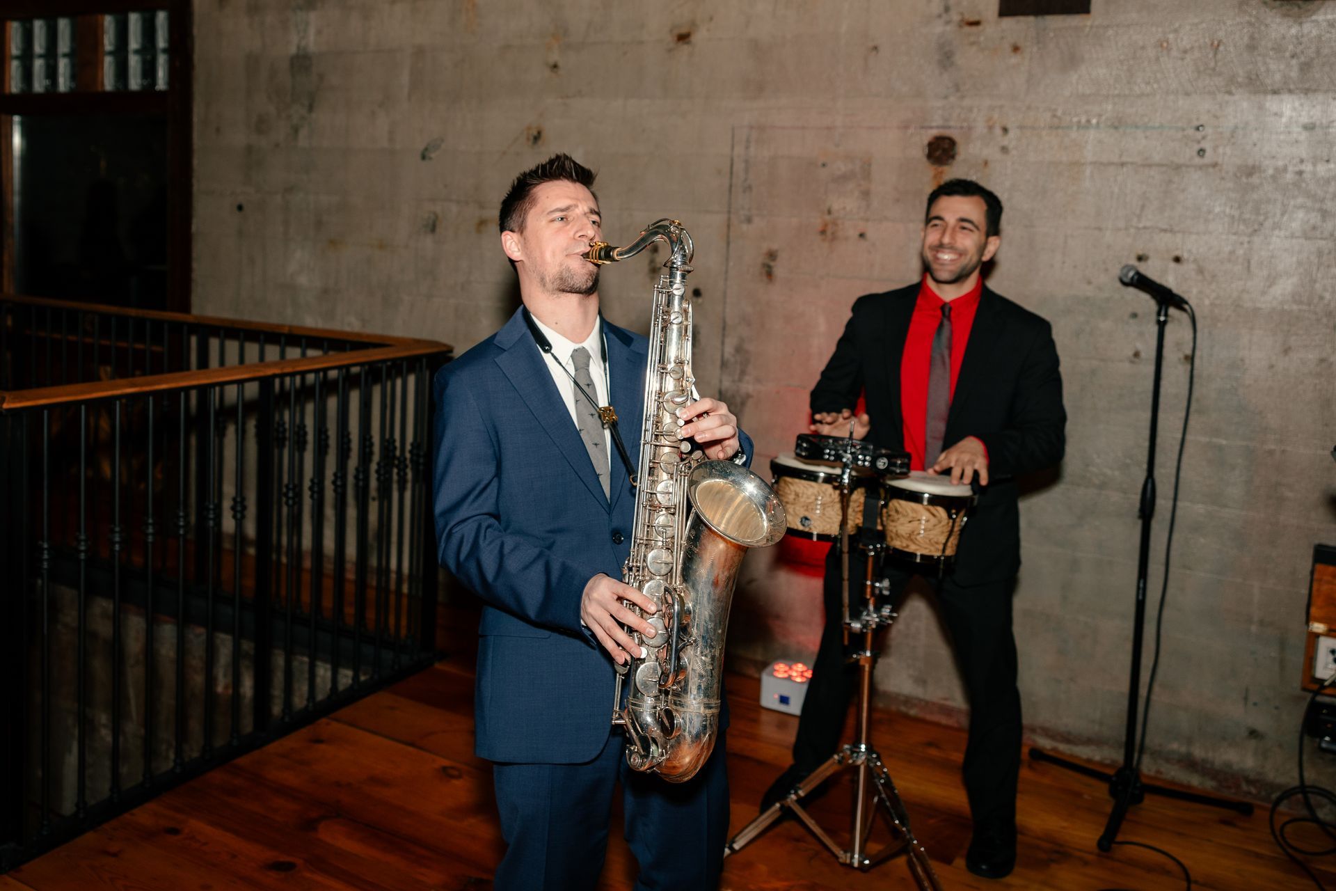 Live saxophonist and percussionist performing at an upscale wedding event in Philadelphia.