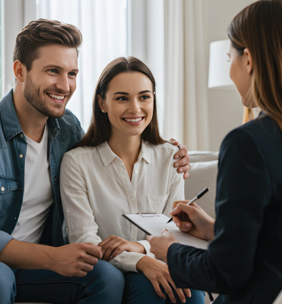 Couple meeting with a financial advisor in a bright office, smiling as notes are discussed.