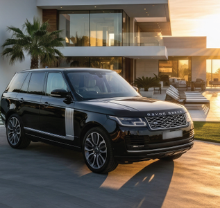 Black Range Rover SUV parked in front of a modern house at sunset
