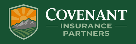 Covenant Insurance Partners logo with green shield and sunrise over mountains on dark green background
