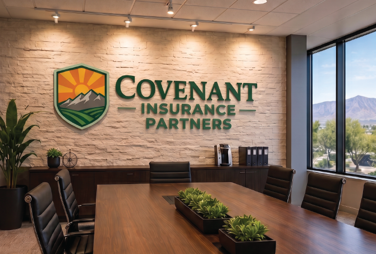 Conference room with Covenant Insurance Partners wall sign, wooden table, chairs, and large windows with mountains outside