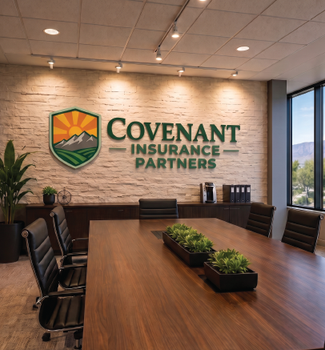 Covenant Insurance Partners conference room with wood table, black chairs, and wall logo sign