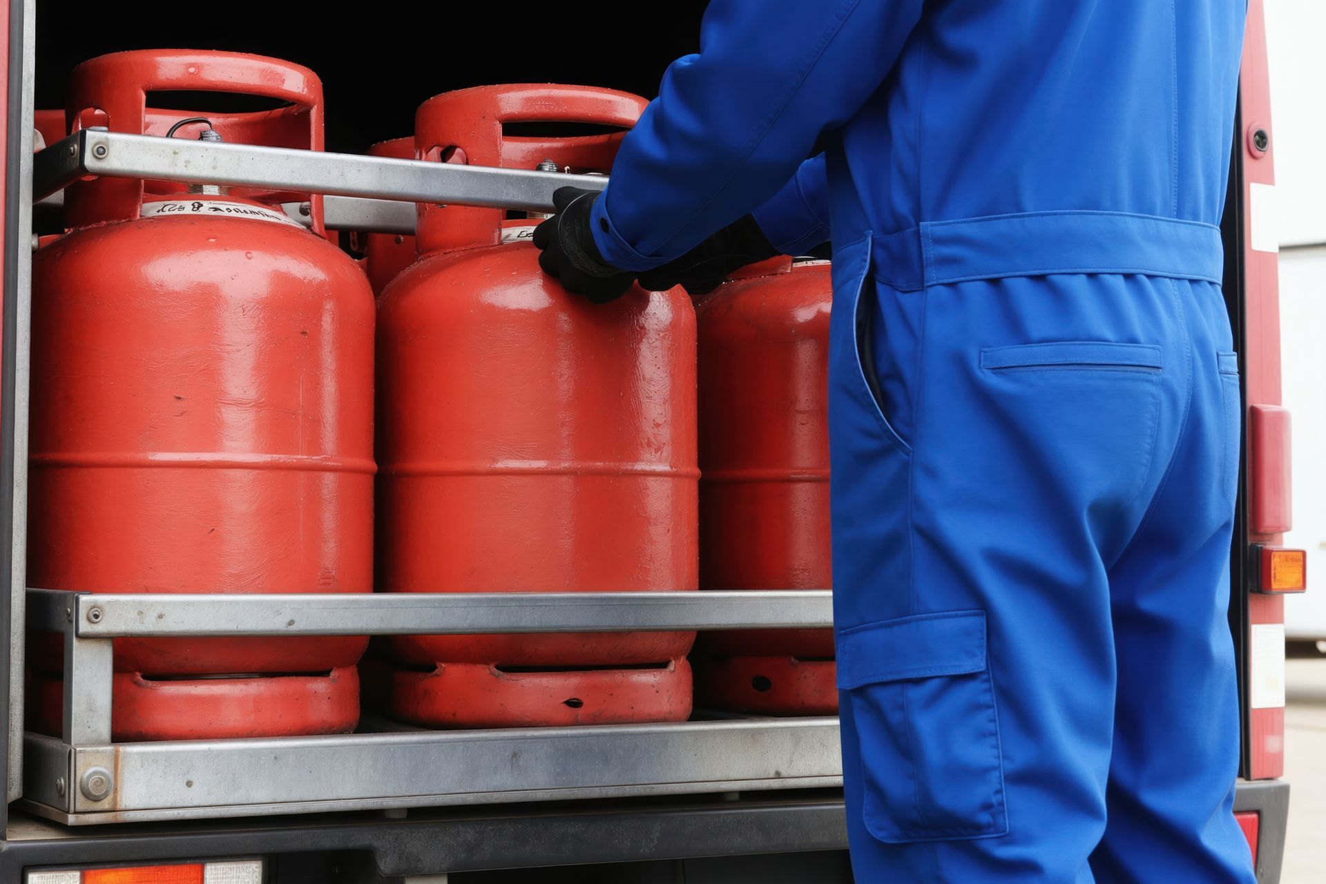 Worker in blue coveralls loading red propane cylinders onto a truck from a nearby propane supplier. Worker in blue coveralls loading red propane cylinders onto a truck from a nearby propane supplier.