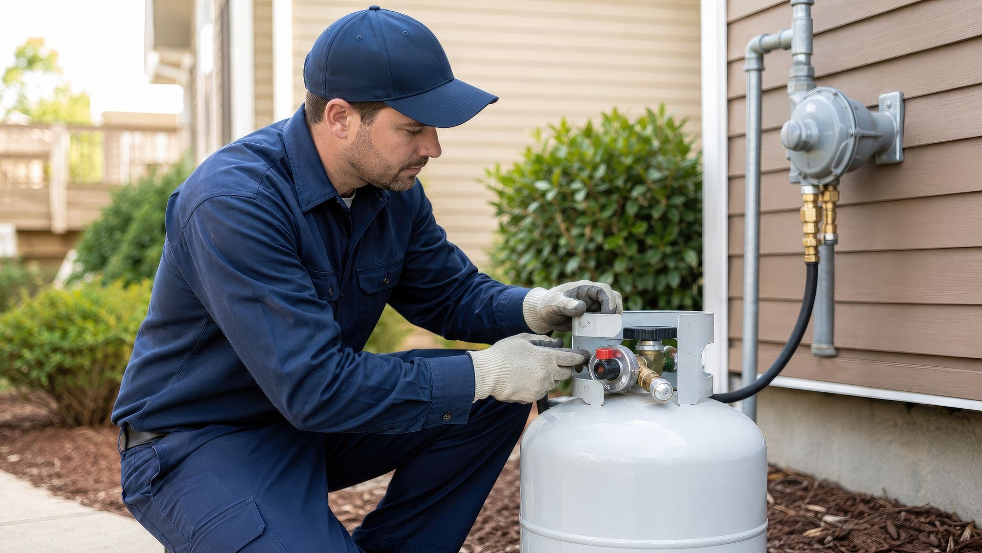 Close-up view of an above-ground propane tank installation on a concrete pad beside a wooden fence.