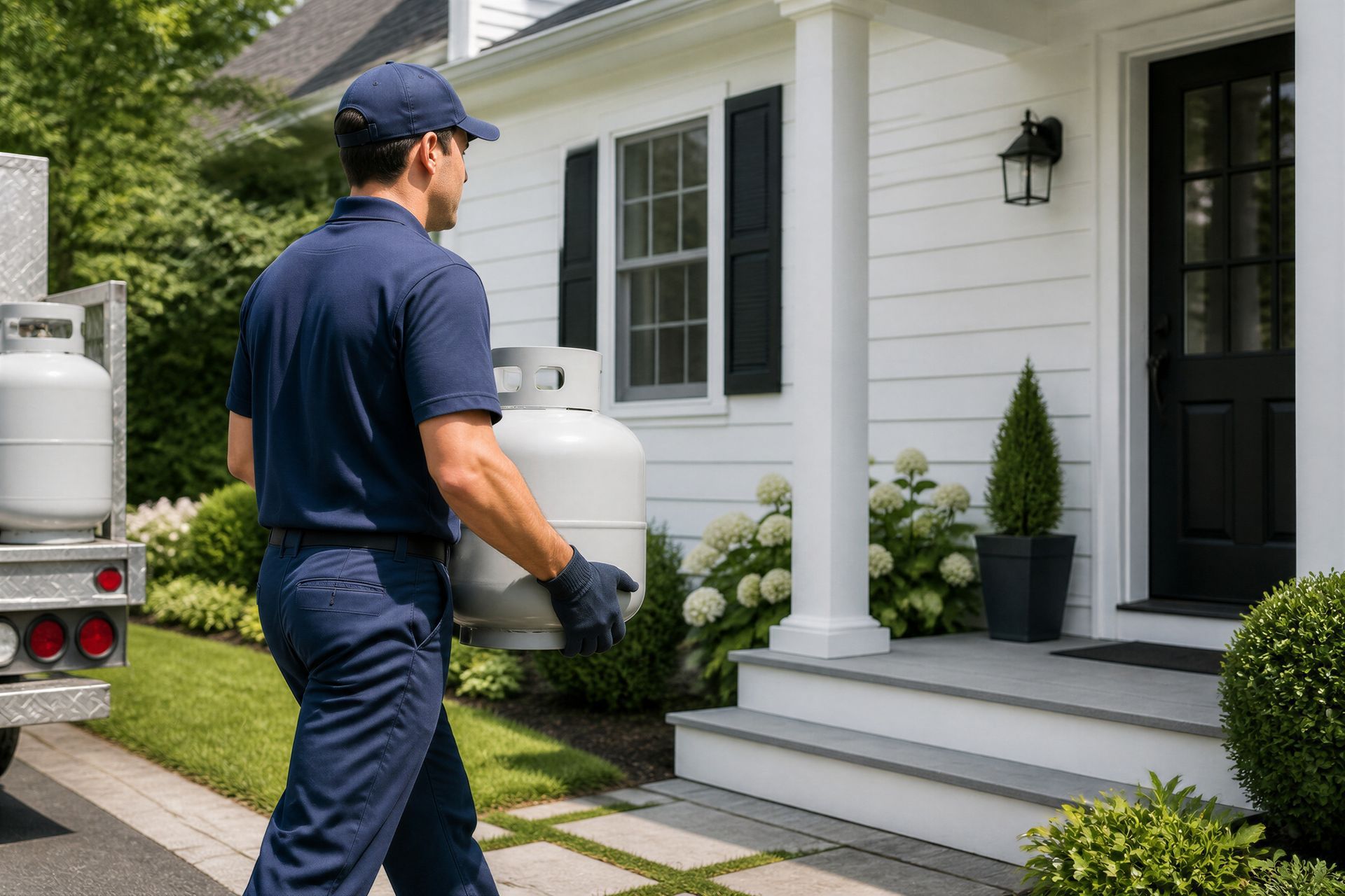A gloved technician carries a propane tank across a lawn toward a porch during a propane delivery.