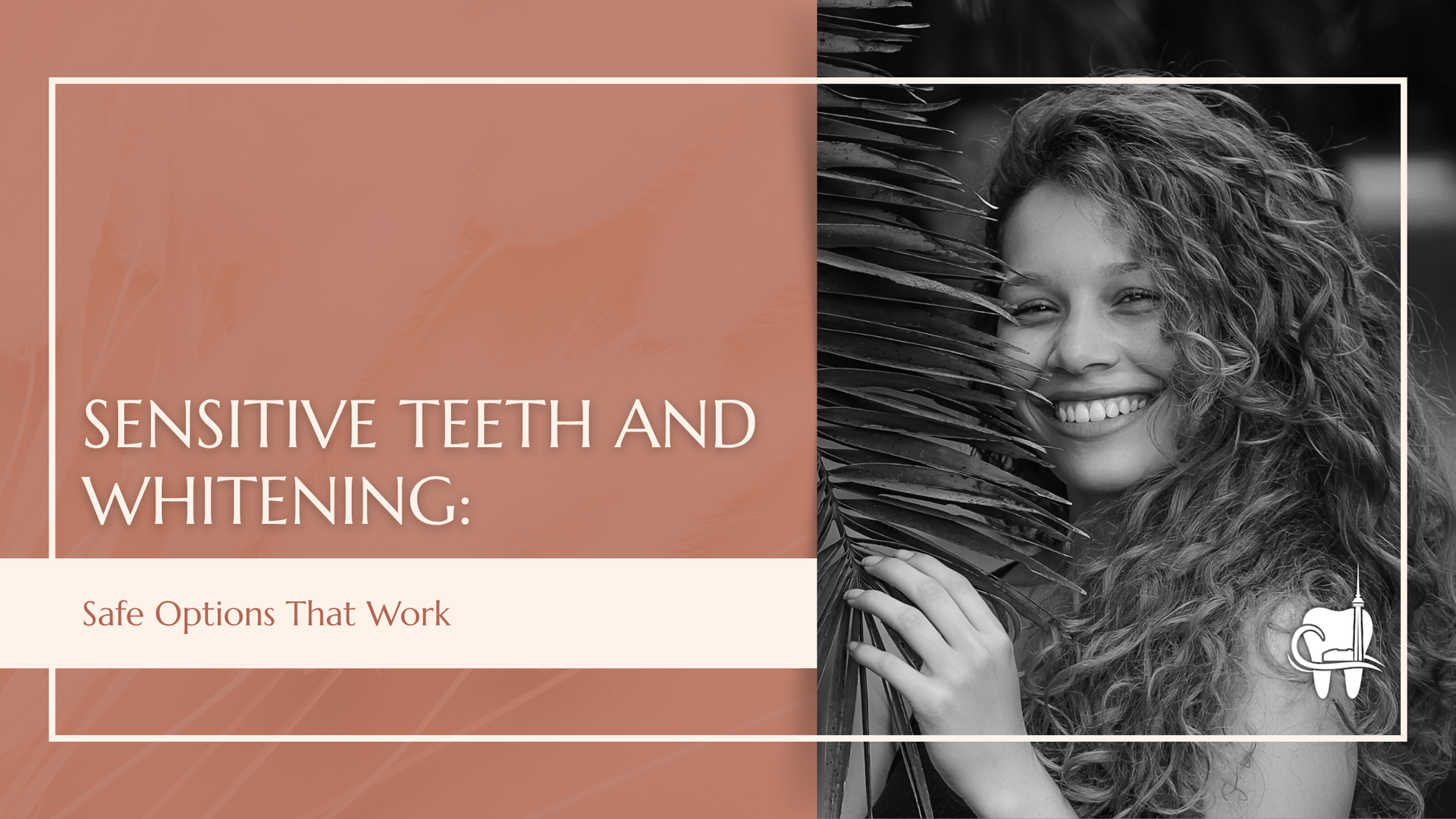 A woman smiles next to a palm leaf. Text says 