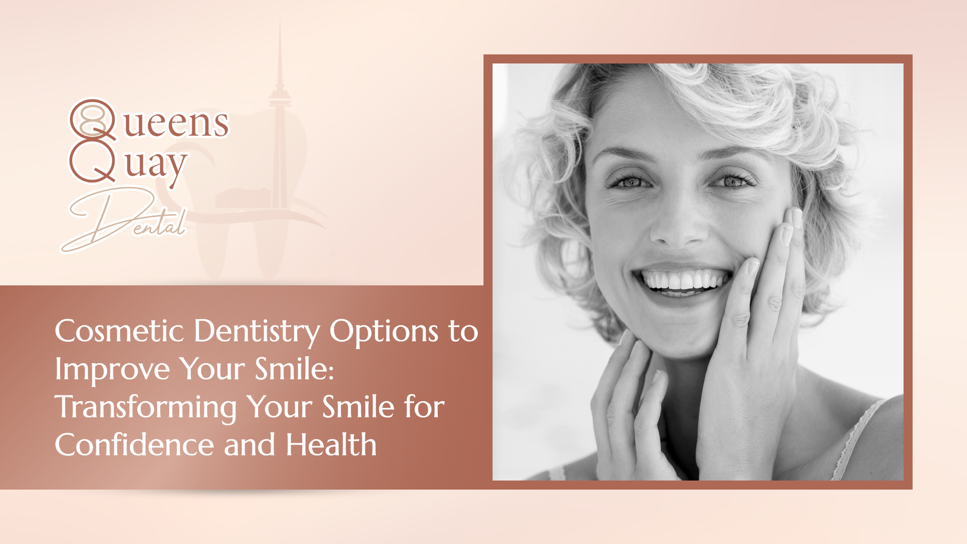 Woman smiling, hand on cheek, promoting cosmetic dentistry. Logo in upper left. Text: Improve your smile.