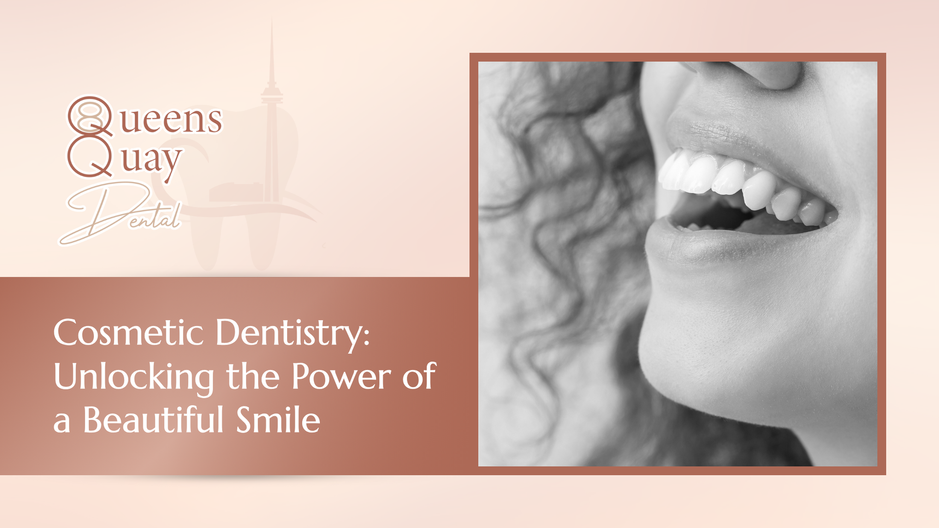 Close-up of a woman's smiling mouth; cosmetic dentistry advertisement. Text: