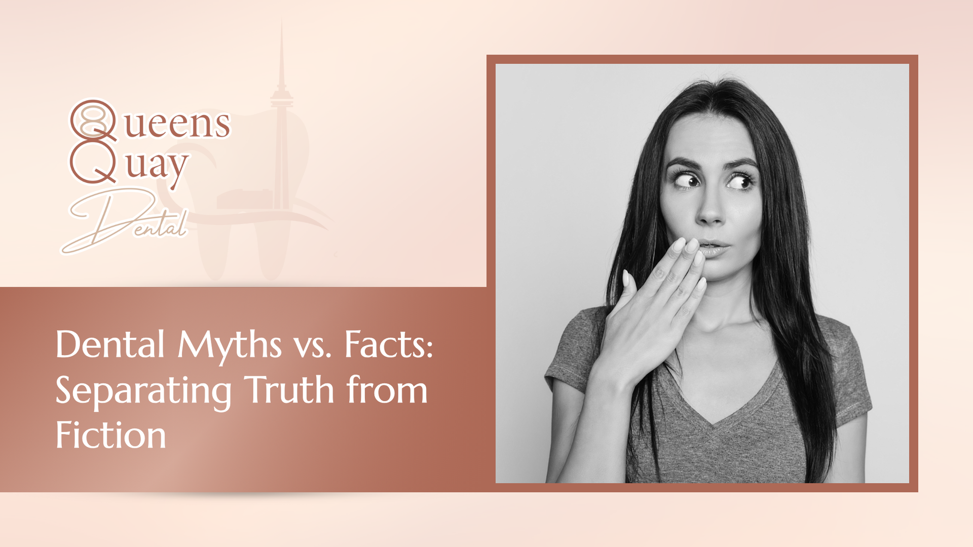 Graphic for a dental health presentation: A woman looks surprised next to text: 