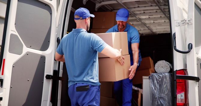 Two movers in blue uniforms carrying a cardboard box into a white delivery van