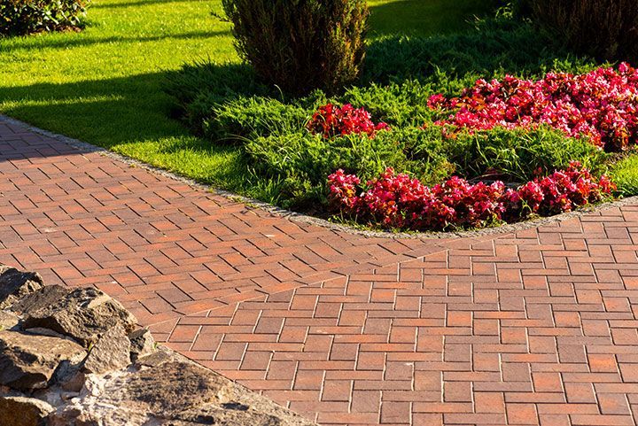 Path from red paving slab next to flowers in landscape design