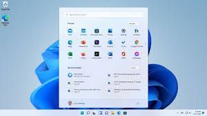 Windows 11 desktop with a centered Start menu showing app icons, search bar, and recommended items.