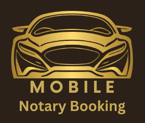 Gold car logo with the words “MOBILE Notary Booking” on a black background