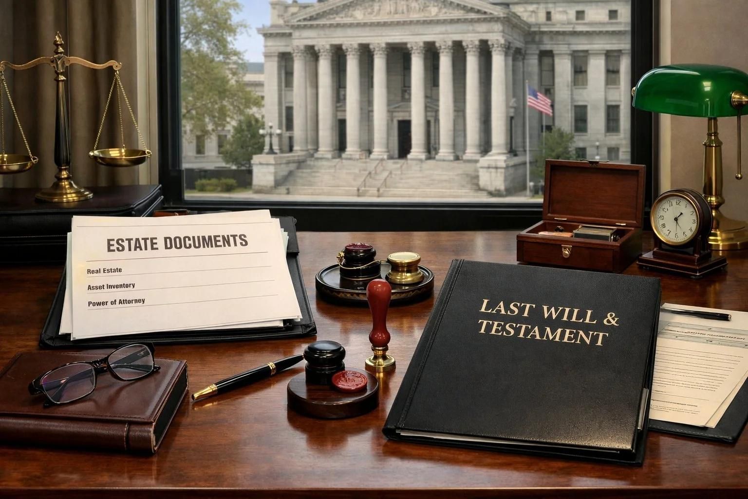 Last Will and Testament binder and estate documents on an attorney's desk with a courthouse in the background