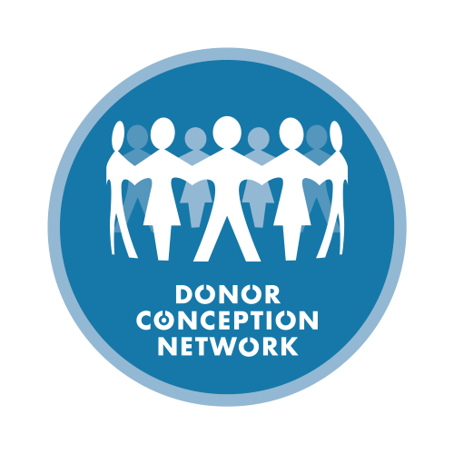 The logo for the donor conception network shows a group of people holding hands in a circle.