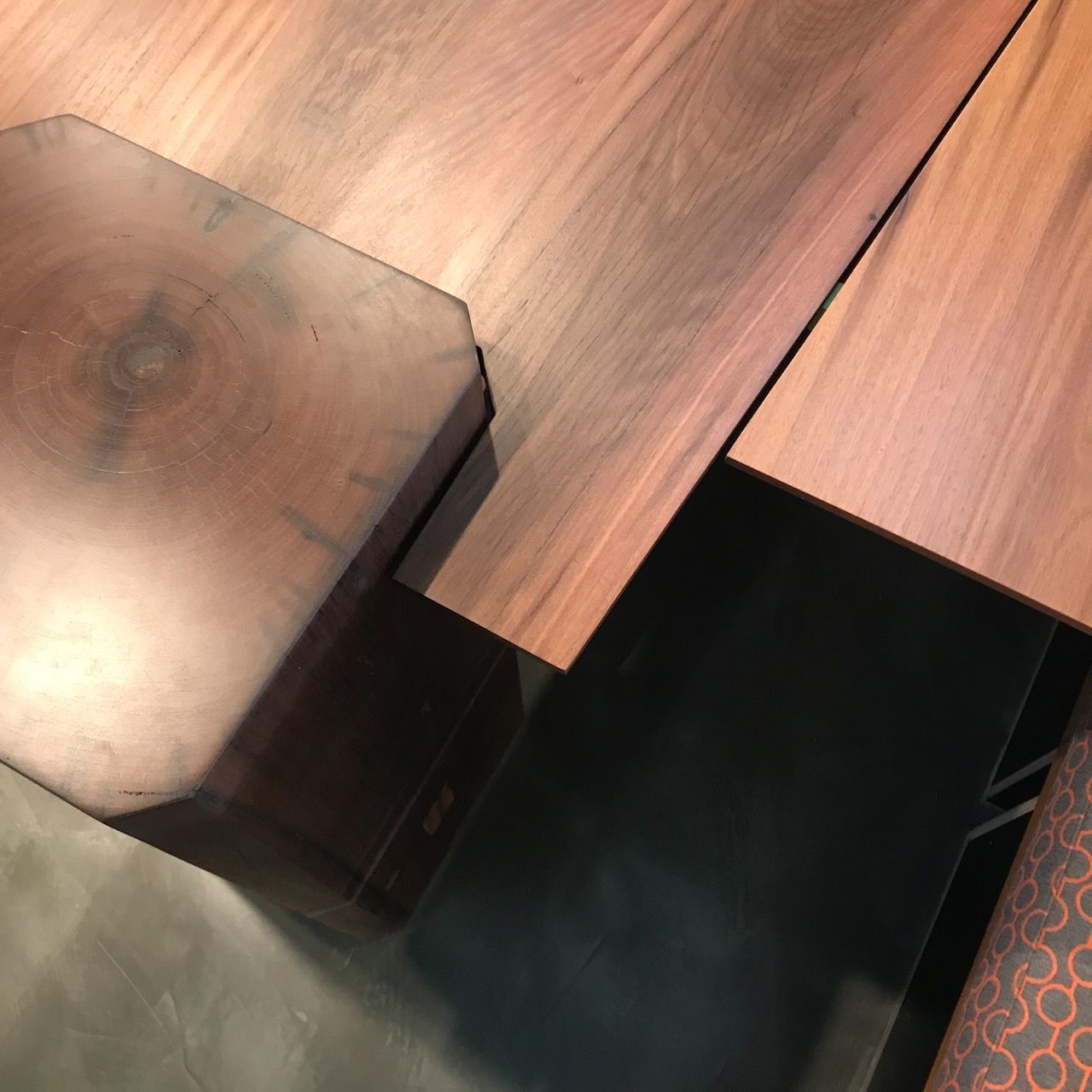 Overhead view of wooden table and dark space in Brisbane.