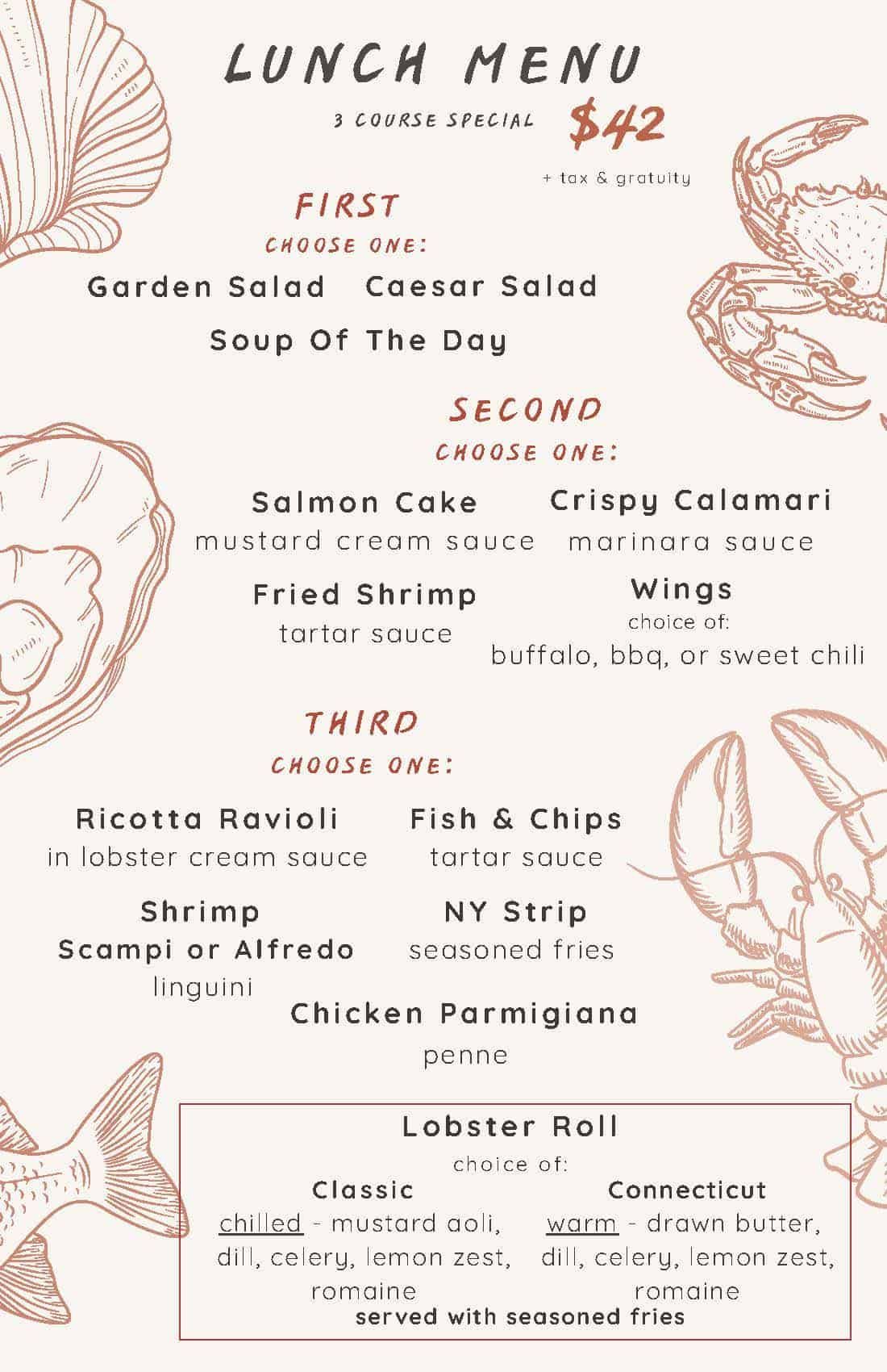 Pink lunch menu with appetizer, entree, and grilled seafood options, priced at $42.