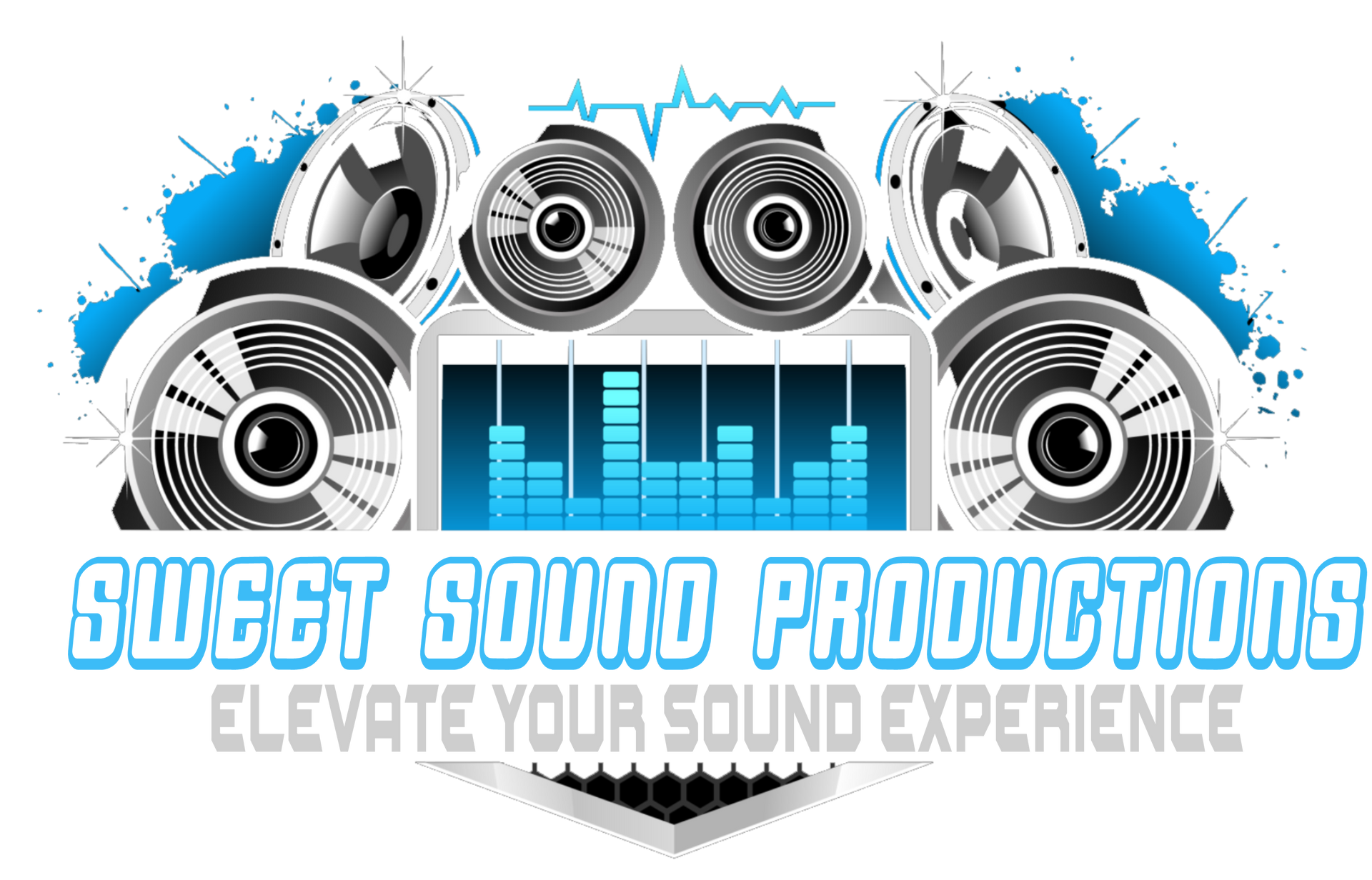 Blue and gray speaker logo with equalizer bars and text “Sweet Sound Productions” and “Elevate Your Sound Experience”