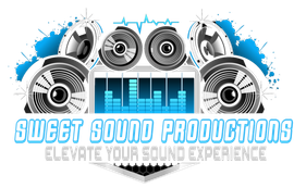 Blue and gray speaker logo with equalizer bars and text “Sweet Sound Productions” and “Elevate Your Sound Experience”