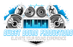 Blue and gray speaker logo with equalizer bars and text “Sweet Sound Productions” and “Elevate Your Sound Experience”
