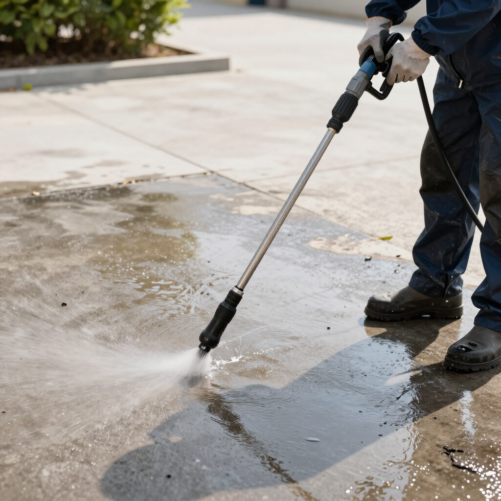 Worker using a pressure washer to clean a wet concrete surface outdoors
