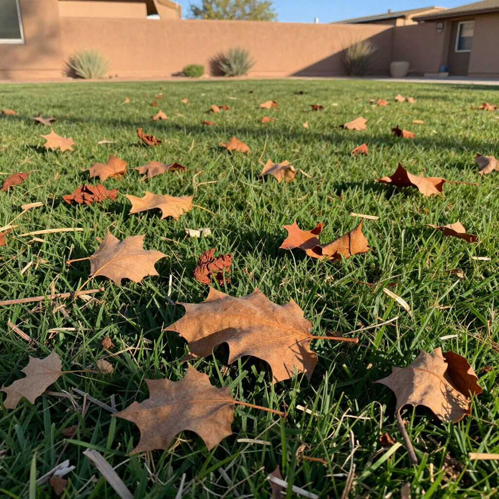 Dry oak leaves scattered across green grass in a sunny yard beside a tan wall. Dry oak leaves scattered across green grass in a sunny yard beside a tan wall.