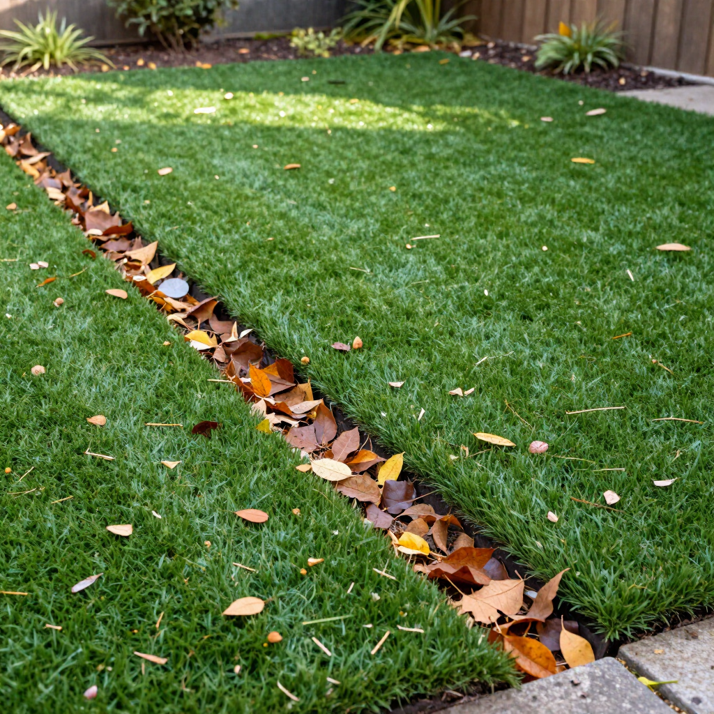 Green lawn with a narrow diagonal trench filled with fallen autumn leaves, bordered by garden beds. Green lawn with a narrow diagonal trench filled with fallen autumn leaves, bordered by garden beds.