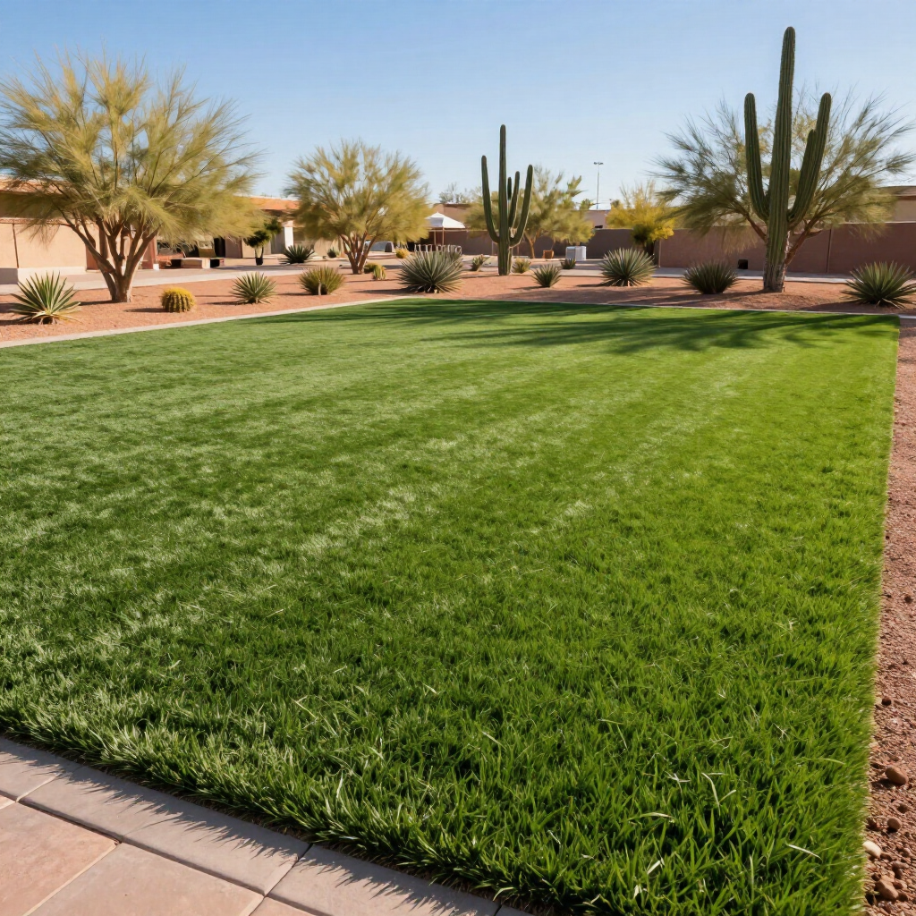 Lush green lawn in a desert landscape with cacti, shrubs, and houses in the background Lush green lawn in a desert landscape with cacti, shrubs, and houses in the background