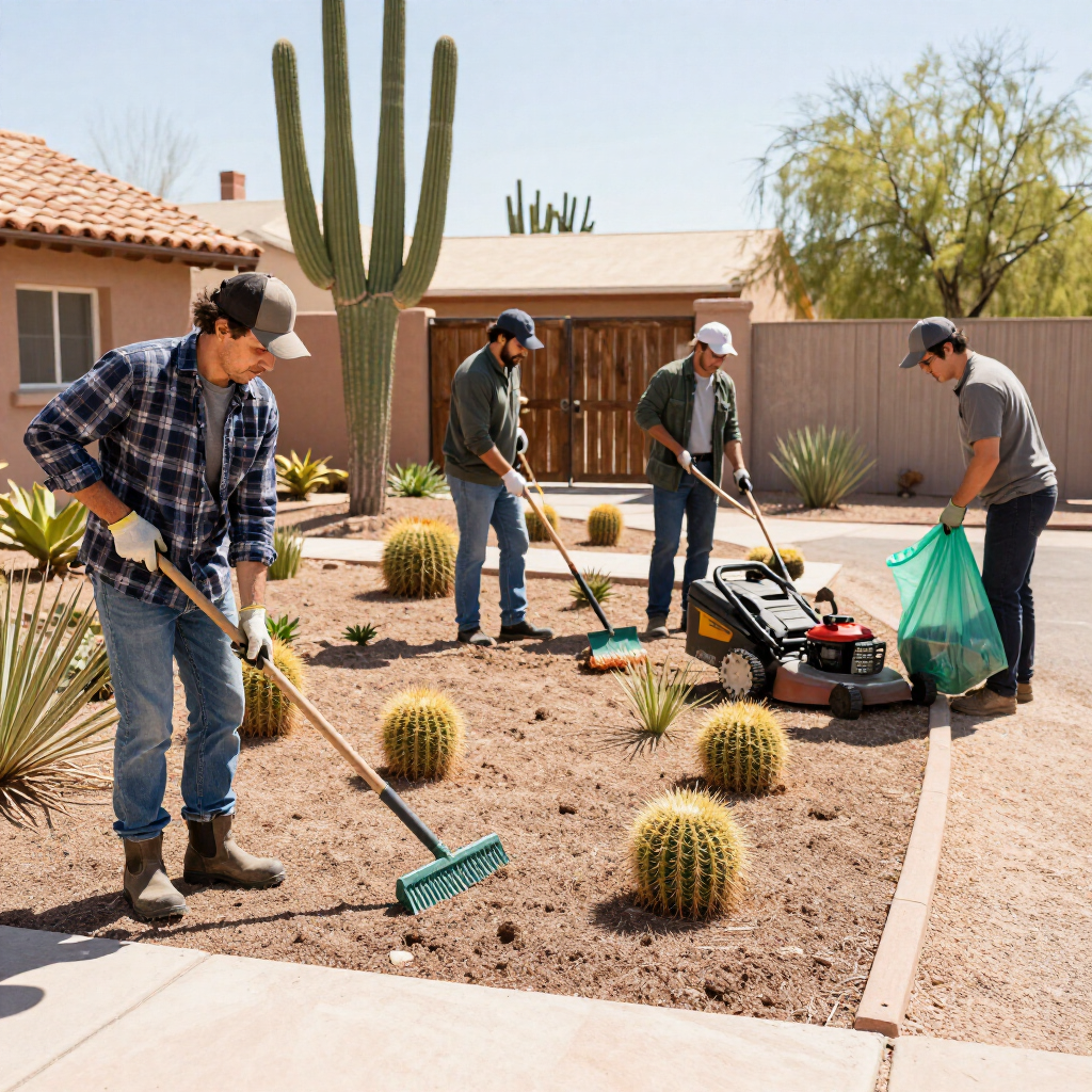Gardeners raking and mowing a desert yard with cacti and gravel in bright sunlight