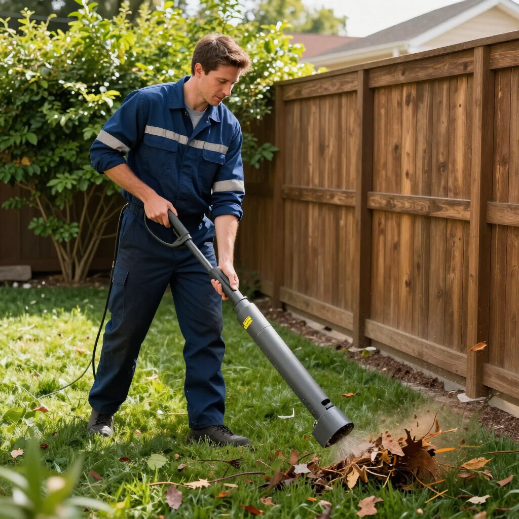 Worker using a leaf blower to clear debris along a wooden fence in a grassy yard