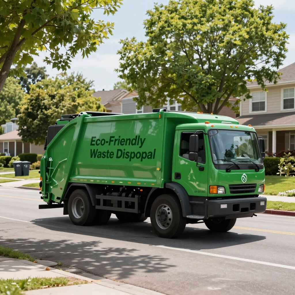 Green eco-friendly waste disposal truck driving on a suburban street lined with trees and houses